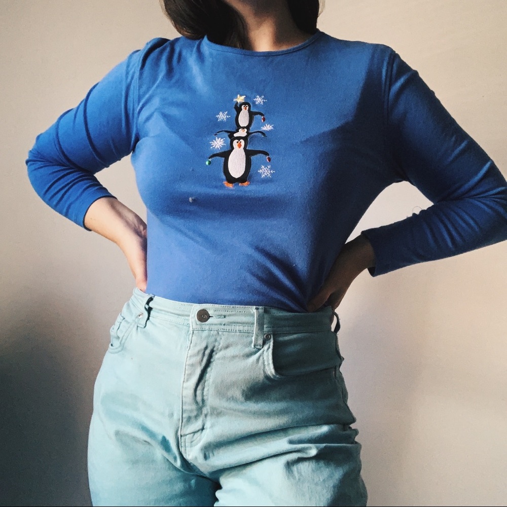 blue christmas holiday penguin long sleeve shirt